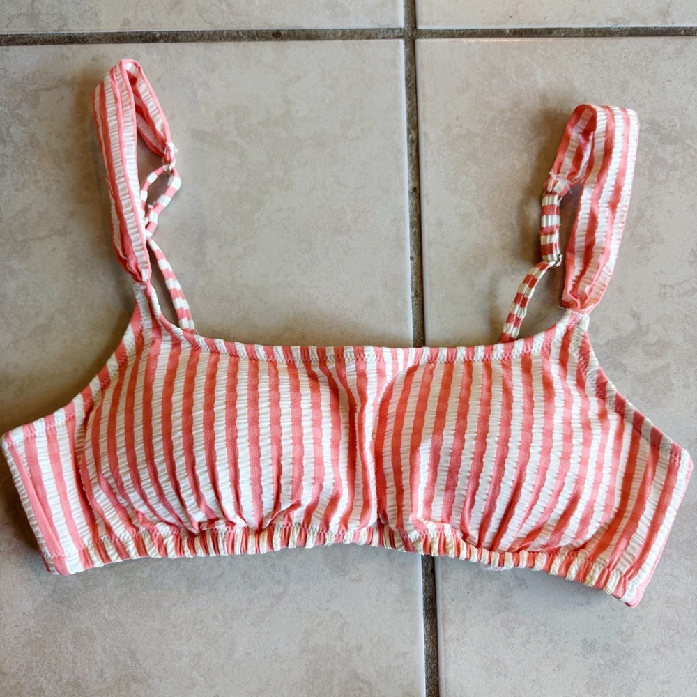 J. Crew Pink and White Square Neck Bikini Top